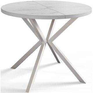 Runder Esszimmertisch LOFT LITE, ausziehbarer Tisch Durchmesser: 120 cm/200 cm, Wohnzimmertisch Farbe: Marmur, mit Metallbeinen in Farbe Weiß