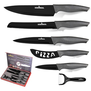 RHEINSTAHL Messer-Set 6-teilig- Edelstahl küchenmesser set mit Geschenkbox, Edelstahl + Antihaft, Profi knife set Messerset inkl. Schäler schwarz