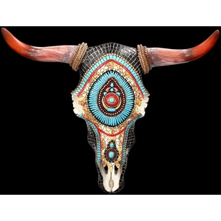 Figuren Shop GmbH Wanddeko Totenkopf Bison mit Western Mosaik 33 cm groß - Relief mit Hörnern | Trophäe Kopf Rind Longhorn Bulle Büffel Schädel Indianer Cowboy USA Deko