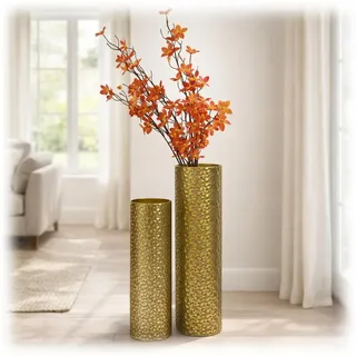 Leewadee Große Bodenvasen im 2er Set 60/47 cm - Hohe Metall Deko Vasen in Gold für Wohnzimmer Dekoration