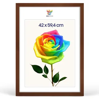 MG Design Bilderrahmen A2 42 x 59,4 cm – Posterrahmen mit Braun Holzrahmen (Echtholz) und bruchsicherem Acrylglas, Hoch & Quer mit stabiler Wandaufhängung