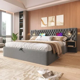 Schlafzimmer Komplett Set Mit Hydraulischem Stauraumbett 160 X 200 Cm, 2 Nachttischen Und Leselampen Usb, Samt Grau