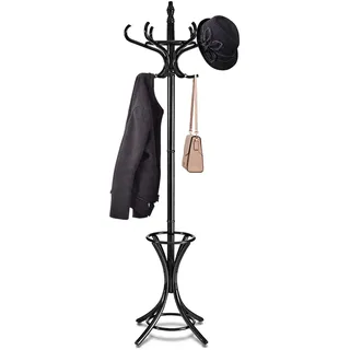 HOMASIS 184 cm Kleiderständer, Garderobenständer mit 12 Haken & Schirmständer, Jackenständer Garderobe aus holz für Mänteln, Hüten & Taschen, Standgarderobe für Schlafzimmer & Flur