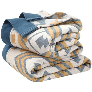 Hayisugal Tagesdecke Bettüberwurf 100% Baumwolle Boho Decke Baumwolldecke als Bett-Überwurf,Couch-Überwurf,Sofa-Überwurf,Doppelseitig Kuscheldecke, Geometrie Blau, 150x200cm