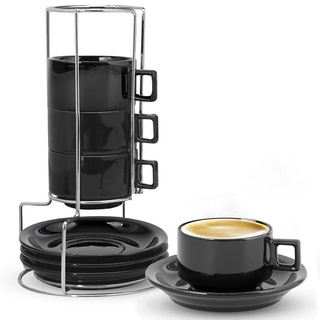 MARTINO CLUB 94 ml Porzellan Kaffeetassen mit Untertassen Set – Stapelbare Kaffeetassen mit Regal – Schwarzes Kaffeetassen Set mit Metallständer – Espressotassen 4er Set – Becher-Set für Espresso