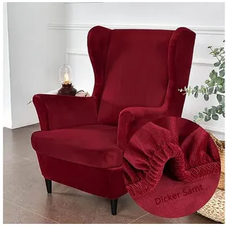 Sesselhusse Samt, Stretch, 2-Teilig Ohrensessel Überzug, Relaxsessel, SOTOR, Elastisch Bezug für Fernsehsessel Liege Sessel(Kostenloser Versand) rot