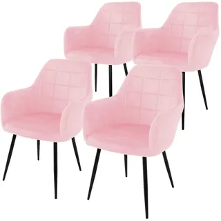 ECD Germany 4er Set Esszimmerstühle mit Rücken- und Armlehnen, Rosa, Küchenstühle mit Samtbezug, Polsterstühle mit Stahlgestell, Ergonomische Stühle für Esstisch, Wohnzimmerstühle Esszimmerstuhl