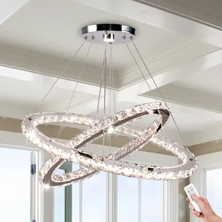 Finktonglan Ovale 2-Ring Kristall LED Pendelleuchte, 56/32 cm, 55W, Dimmbar | 3 Lichtfarben, Helligkeit und Farbtemperatur einstellbar, Fernbedienung, 30-120 cm höhenverstellbar für Wohn- und Esszimmer