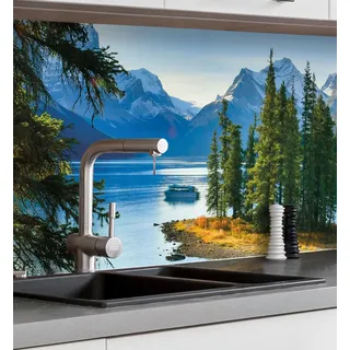 MyMaxxi Küchenrückwand Folie selbstklebend matt - einfache Montage ohne Bohren 0,4mm stark versteift - Motiv Landschaft 07-60cm hoch - Spritzschutz Küche Klebefolie - Baum Berg See 280 x 60 cm