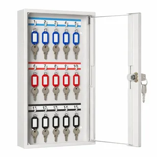 LEOMAR Schlüsselschrank, Schlüsselkasten mit 15 Haken, Schlüsselbox aus Stahlblech mit Glastüren, mit Festen Hakenleisten, Organizer zur Wandbefestigung, Abschließbar, 6 x 20 x 32 cm