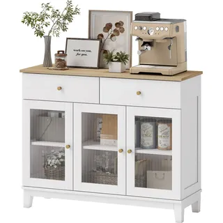 HOMCOM Buffet Wohnzimmerschrank mit 2 Schränken mit geriffelten gehärteten Glastüren, 2 Schubladen und verstellbaren Regalen, Esszimmer- und Wohnzimmerbuffet, 100 x 35 x 80,3 cm, weiß   Aosom