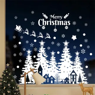 Herfair Fensterbilder Weihnachten Weiß Weihnachtsbaum Häuser Fenstersticker Selbstklebend PVC Weihnachtsdeko Sticker Fensteraufkleber für Winter Weihnachten Deko