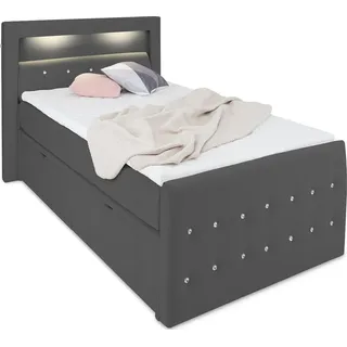 Girona LED-Bett 120x200 mit Bettkasten und Kristallen - Bett mit Matratze und Topper - Stauraumbett 120 x 200 cm mit Schubladen Samt-Stoff anthrazit - Grau