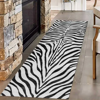 SMXVRC Zebra-Print Lange Flurteppichläufer, 60x150cm, Schwarz Weiß Zebrafell Schlafzimmerteppich, mitRutschfester Rückseite Farbbeständiger Druck Faltbar Waschbarer Teppich für Haustür