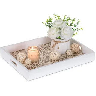 Hanobe Holztablett Rechteckig Deko Serviertablett: Boho Dekotablett Blumen Holz Tablett mit Henkel Weiß Klein Kerzen Tabletts Bauernhaus Kerzentablett für Couchtisch Teelicht Küche Tisch