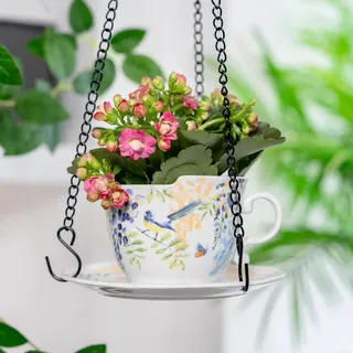 AMIEENOR Hängender Blumentopf Keramik, Tasse und Untertasse Hängeampel mit Eisenkette, 16cm Vintage Pflanzentopf Dekoration für Zimmerpflanzen, Balkon, Garten, Motiv Blumen & Vögel
