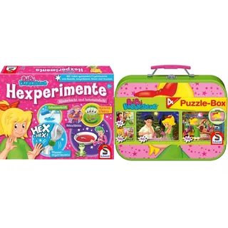 Schmidt Spiele 40617 Bibi & Tina Bibi Blocksberg, Hexperimente, Zauberkasten, Experimente, Bunt & 55595 Bibi Blocksberg, 4 Kinderpuzzle im Metallkoffer, 2x60 und 2x100 Teile