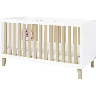 Pinolino Gitterbett Lumi, Weiß, Eiche, Holz, Holzwerkstoff, Eiche, massiv, 140x70 cm, zum Juniorbett umbaubar, höhenverstellbar, Sitzsofa Lattenrost inklusive, Schlupfsprossen, Babymöbel, Babybetten, Gitterbett