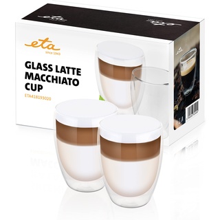 ETA Doppelwandige Latte Macchiato Gläser, 350ml, 2 Stück, heiße & kalte Getränke, Kaffeegläser, Ristretto, aus Borosilikatglas