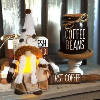 Frühlings Deko Wichtel Kaffee Wichtel mit LED Licht, Frühlings Sommer Wichtel Figuren mit Beleuchtung, Erntedankfest Plüsch Rudolph Puppe Schwedischer Tomte Wichtel für Außen & Innen Deko (Mädchen)