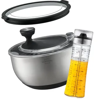 SILBERTHAL Salatschleuder Edelstahl mit Deckel 4,7 L mit Dressingshaker Glas 500ml im Set zum Servieren und Anrichten zu Festen und Partys - Hochwertiges Geschenkset