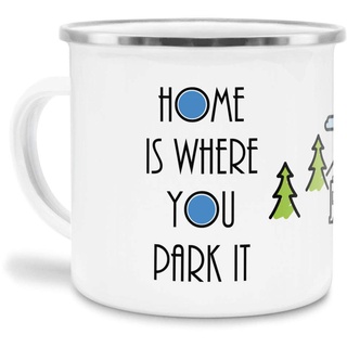 Tassendruck Emaille Tasse Camping mit Spruch - Home is Where You Park it - Campingtasse/Geschenk für Camper/Tasse für Camping - Emaille klein Rand Silber