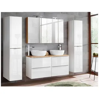 Lomadox Badmöbel Set mit Doppel-Waschtisch inkl. 2 Aufsatzwaschbecken TOSKANA-56 Hochglanz weiß & Wotaneiche, b/h/t ca.: 220/200/46cm