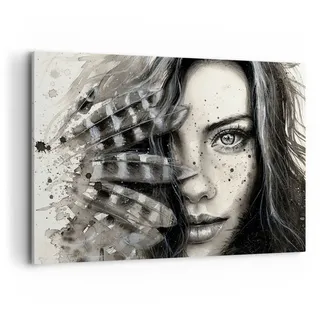 ARTTOR Bilder auf Leinwand 120x80cm Wandbild Schwarz-Weiß Menschen - 2874 | Frau Federn Mund Groß XXL Wanddekoration Wohnzimmer Schlafzimmer Küche Wanddeko Wand Kunstdruck Wandkunst Wall Decor ARTTOR