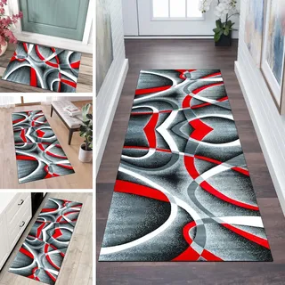 QQrunner Läufer Flur Küche Teppich rutschfest 40x150CM Küchenteppich Patchwork Grau Rot Waschbar Meterware Schlafzimmer Korridor Teppichläufer Lang, Länge Anpassbare, 40-120cm Breit