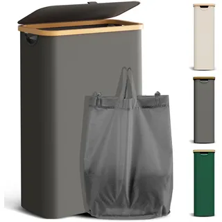 YOUDENOVA Wäschekorb mit Deckel 48L Wäschesammler schmal mit Wäschesack faltbarer Wäschesortierer Holz Bambus Wäschetruhe hoch Laundry Baskets, Dunkelgrau