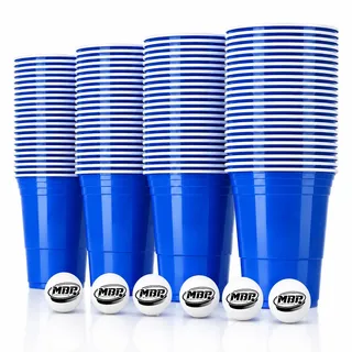 MYBEERPONG® Party Cups Blau 100 Stück + 6 Bälle 473 ml / 16 oz – BPA-freie stabile Plastikbecher Mehrweg Partybecher für Beer Pong, Geburtstag, Festival, BBQ & Party