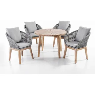 Prestige Home Living Outdoor 5tlg. Dining-Set Norwich aus Akazien und Rope-Geflecht inkl. Polsterauflage - Grau