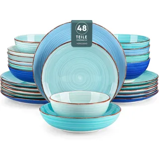Geschirrset 12 Personen, vancasso Bonita 48tlg Tafelservice Steingut, modernes Ess Teller set und Schalen Set mit je 12 Speiseteller, Salatteller, Suppenteller und Schalen