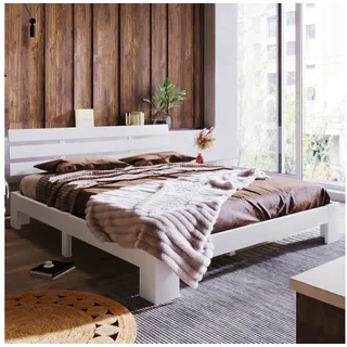 Flieks Holzbett, Doppelbett Ehebett Massivholzbett Bettgestell 140 x 200 cm weiß