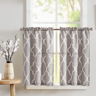 TOPICK Scheibengardine Küche Vorhang Bistrogardine Leinen Optik Blickdicht Gardine Privatsphäre Gaze Schals Scheibengardinen Fensterschal für Wohnzimmer Landhaus 2 Stück 65Bx115H (cm) Hellgrau