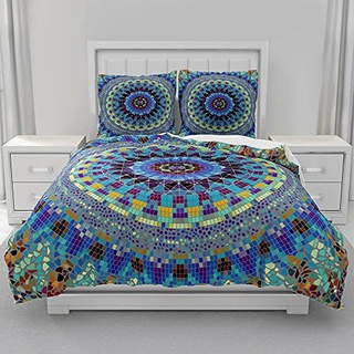 Morbuy Mandala Drucken Bettwäsche + Kissenbezug 80x80cm, Weiche Mikrofaser Bettwäsche-Set 3D Mandala Bettwäsche Set Bettbezug Set mit Reißverschluss (135x200cm,Blau)