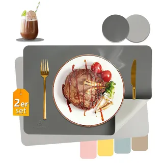 HELI MIAO Tischsets Abwaschbar,Platzsets Abwischbar, Leder,Hitzebeständig Doppelseitigen I 2er Set Platzdeckchen Lederoptik mit Untersetzer,Tischuntersetzer rutschfest,Anthrazit+Hellgrau