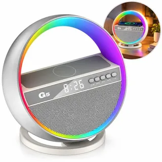 Bluetooth Lautsprecher mit Nachttischlampe, 6-in-1 Radiowecker mit RGB Licht, kabellosem Ladegerät, Digitaluhr, USB, TF und AUX - Weiß