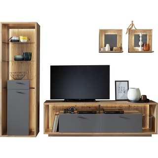 MCA furniture Wohnwand Lizzano, (Set, 4-St), im modernen Landhausstil mit 3-D Rückwand, wahlweise mit Beleuchtung braun|grau
