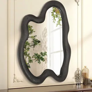 AAZZKANG Unregelmäßiger Wandspiegel, groß, 70 x 50 cm, schwarz, asymmetrisch, Wandspiegel mit Holzrahmen, für Badezimmer, Schlafzimmer, Wohnzimmer, Eingangsbereich