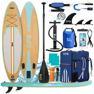 CFB SUP-Board Holzoptik 320x84x15 cm, Belastbarkeit 160 kg, Aufblasbares Stand Up Paddle Board, (extra breites iSUP Set, 12 tlg., mit Alu-Paddel, Pumpe, Rucksack, Dry Bag, Leash und Schultergurt), Inflatable SUP-Board für Anfänger, Erwachsene und Freizeitpaddler