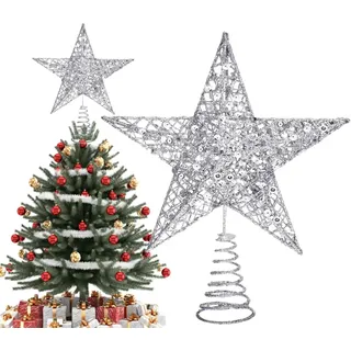Baumspitze Stern Silber – 22cm Christbaumspitze SIL-ber aus Metall mit 3D-Effekt. Funkelnde Weihnachtsbaumspitze Silber mit Spiral-Halterung, Leicht & Stabil. Edler Tannenbaum Spitze Stern
