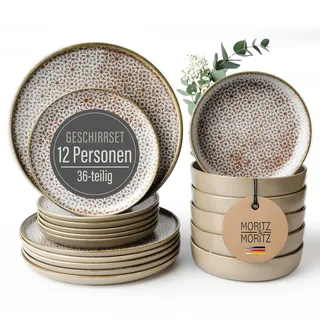 Moritz & Moritz Geschirrset 12 Personen 36-tlg. aus hochwertigem Porzellan - Modernes Tafelservice - Pflegeleichtes Geschirr Set aus je 12x Speiseteller, Dessertteller und Schalen - Serie Alhambra