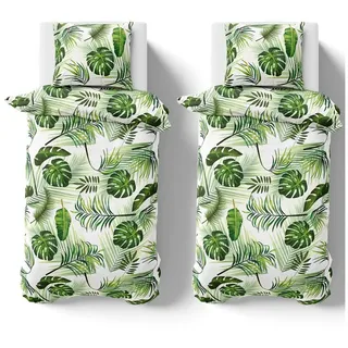 Visaggio Bettwäsche Tropical 135x200 155x220 Bettbezug Allergiker geeignet, Microfaser, 4 teilig, Tropische Blätter Bettbezug Dschungel grün