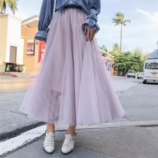 ZXCL Eleganter Tüllrock Herbst Winter Große Swing Frauen Rock Koreanische Nette Rosa Grün Grau Blau Braun Schwarz Langer Rock-Purple,One Size