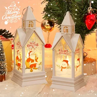 Weihnachtsdeko Laterne Häuser mit LED – Warmweißes Beleuchtetes Windlicht für Weihnachtsmann und Schneemann – 2 Stück Hängende Dekoration