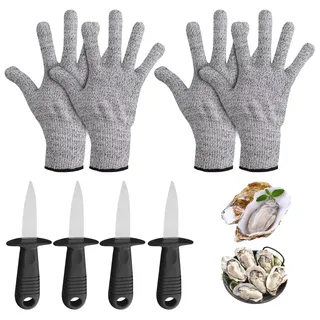 GOEDCH 4 Stück Austernmesser: 4 Stück Handschuhe(M), Oyster Knife Set, Austernöffner Schnittfeste und Handschuhe, Edelstahl Rostfrei Austernmesser Breite Klinge für Schalentiere Oder Hartkäse