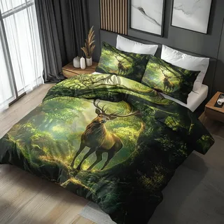 Generisch Hirsch Bettwäsche 155x220 3tlg, 2 Kissenbezüge 80x80 - Waldtiere Wald Grün Design Wendebettwäsche, Weiche Mikrofaser Bettbezug mit Reißverschluss, Deko & Geschenke - YXB166