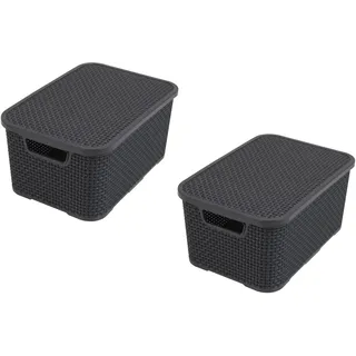 BranQ - Home essential Deckel Korb in Rattan Design 2er Set Grösse M 10l, Kunststoff PP, Anthrazit, 10 l