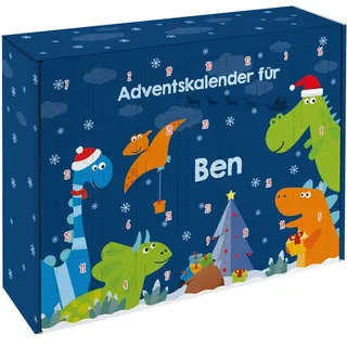 Striefchen® Dinosaurier Adventskalender für Kinder zum Befüllen mit Wunschnamen und Wunschtext bedruckt